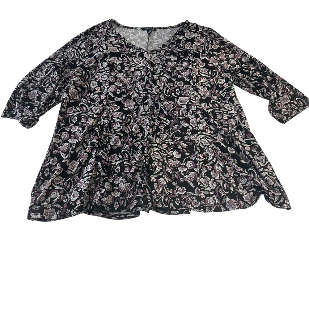 Roz & Ali Womens 2X Floral V-Neck 3/4 Sleeve Blouse Black Purple Top